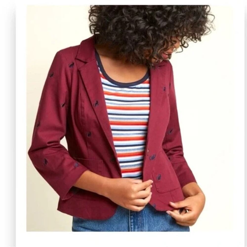 ModCloth Legendary Lifestyle Cotton Blazer Marroon with Navy Cat Print